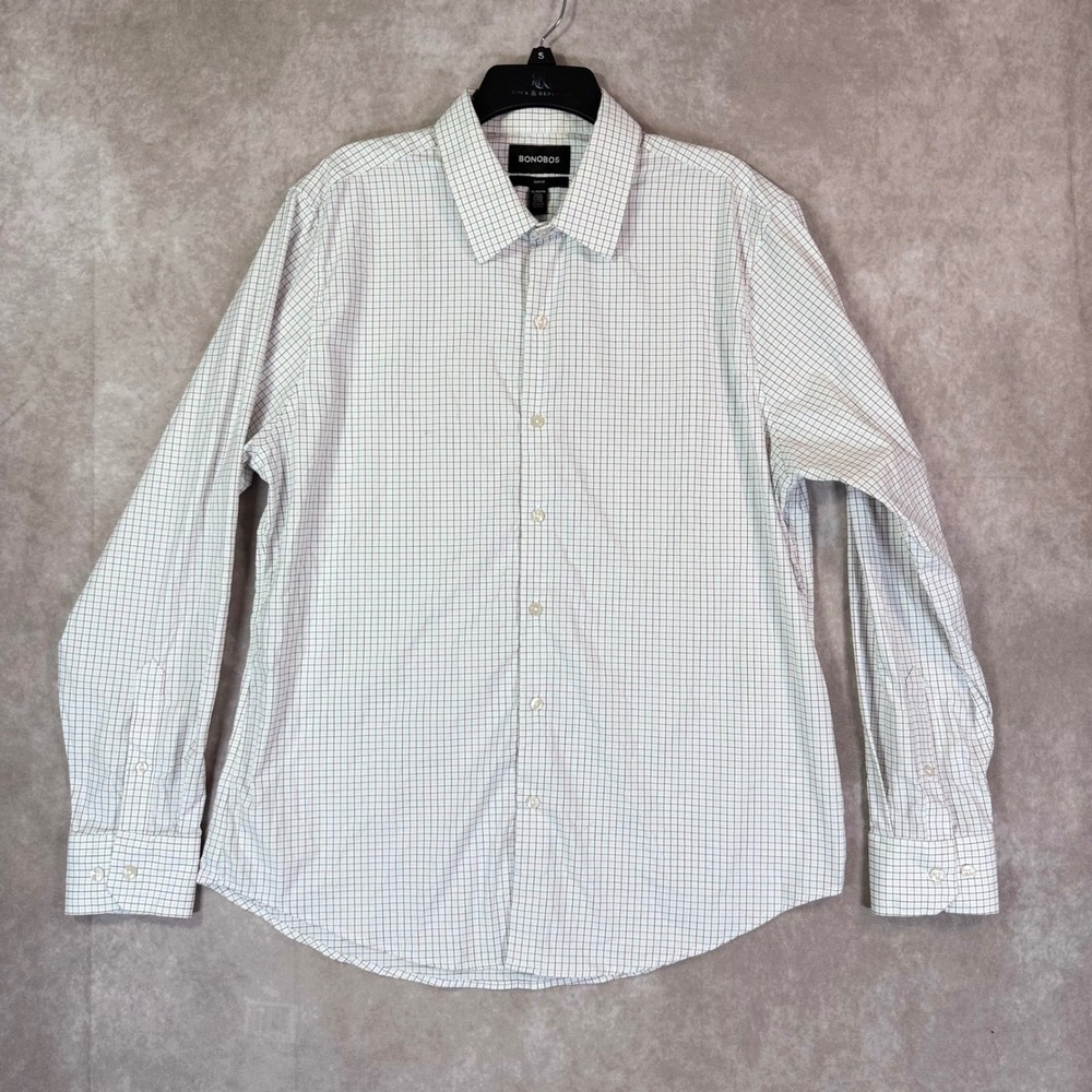 Bonobos Button Shirt Men XL White Burgundy Grid Slim Fit Tech Prep Stretch